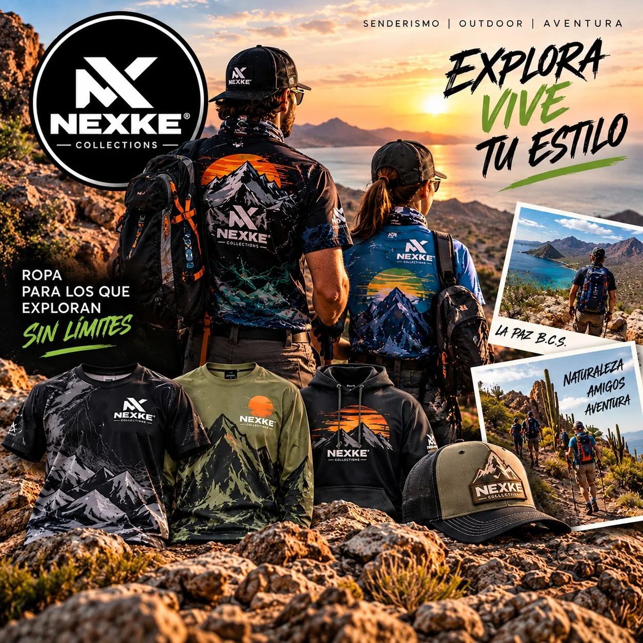 Visual de NEXKE con dos senderistas, prendas inspiradas en el aire libre y el paisaje de Baja California Sur