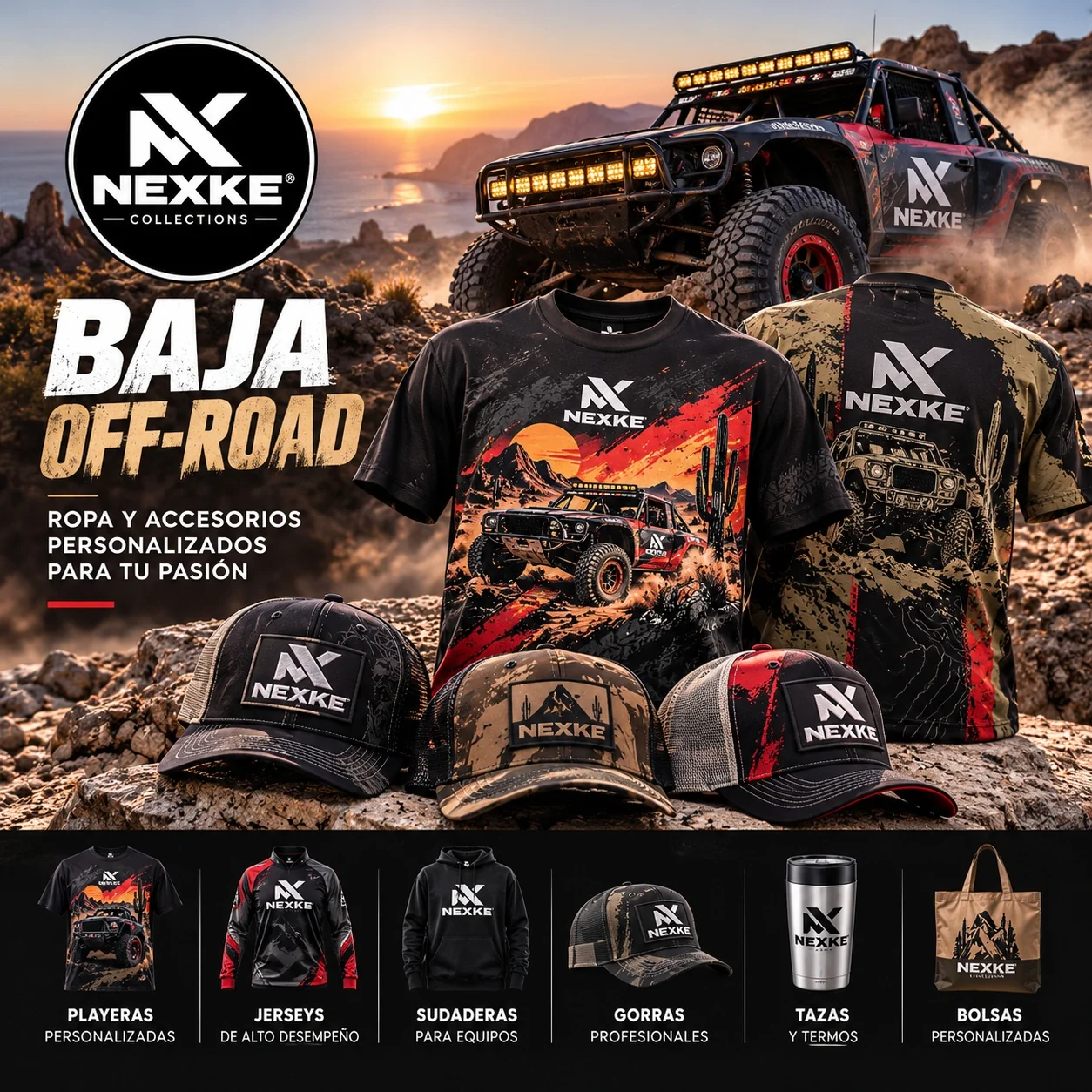 Visual de la identidad NEXKE en la temática Baja Off-Road, con vehículo de carreras, camisetas y gorras