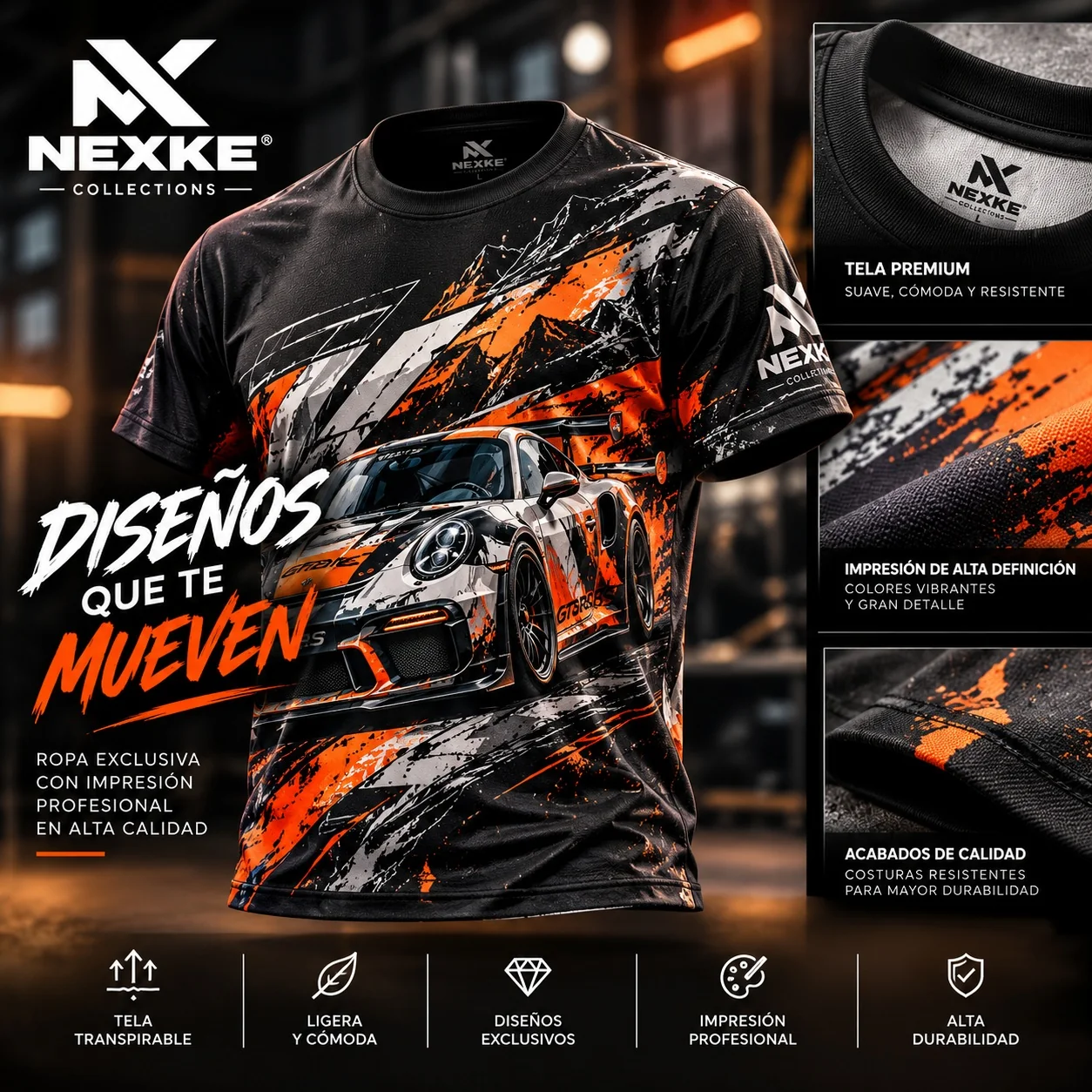 Visual de NEXKE con camiseta negra, estampado automovilístico naranja y detalles de confección